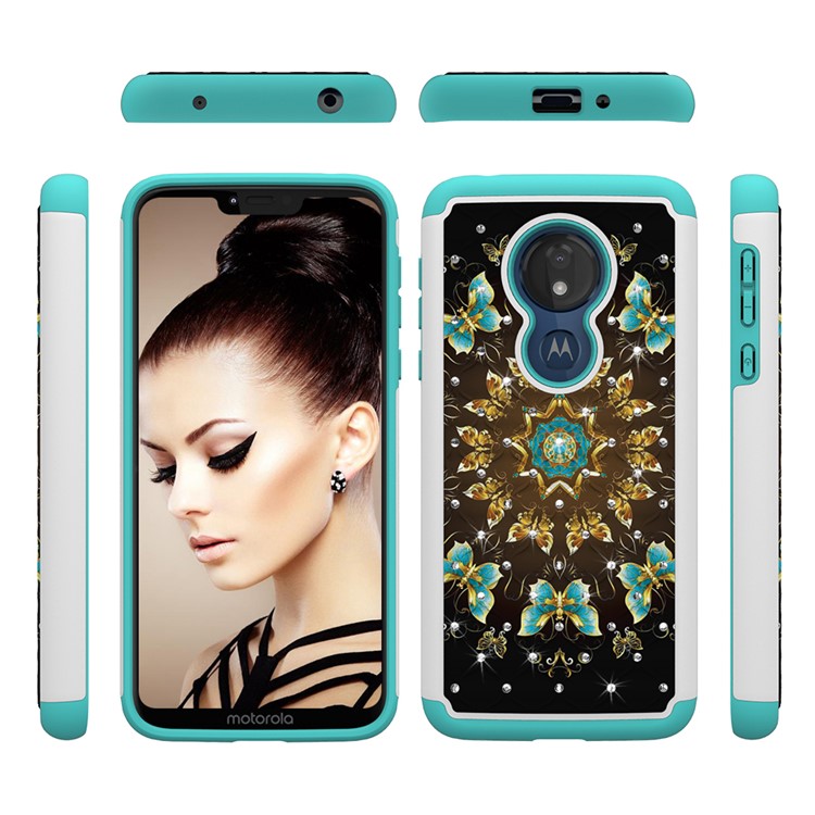 Patterned Rhinestone Decor PC TPU Protection Case for Motorola Moto G7 Power (US Version) - Gold and Blue Butterfly-6