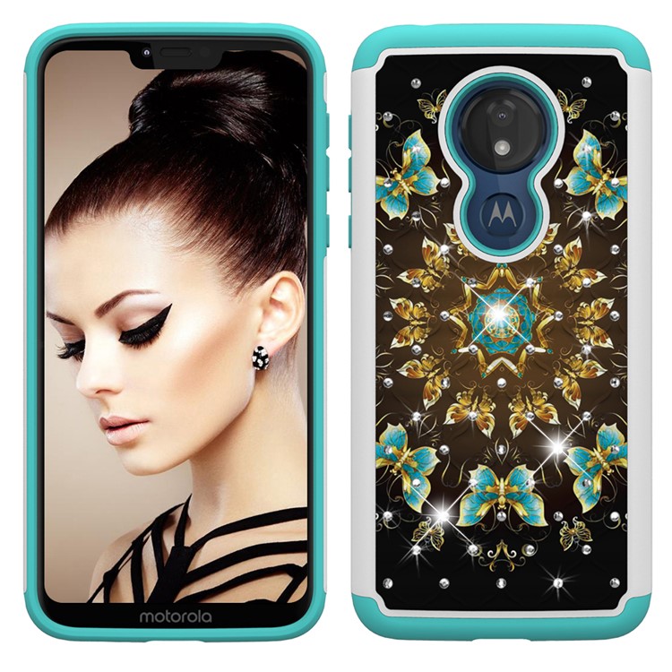 Patterned Rhinestone Decor PC TPU Protection Case for Motorola Moto G7 Power (US Version) - Gold and Blue Butterfly-7