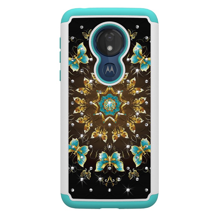 Patterned Rhinestone Decor PC TPU Protection Case for Motorola Moto G7 Power (US Version) - Gold and Blue Butterfly-8