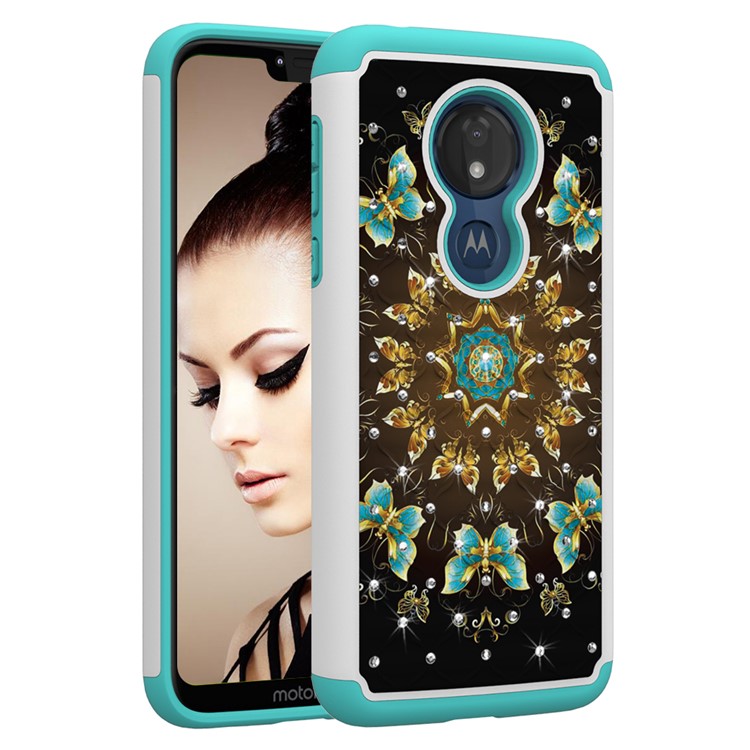 Patterned Rhinestone Decor PC TPU Protection Case for Motorola Moto G7 Power (US Version) - Gold and Blue Butterfly-9