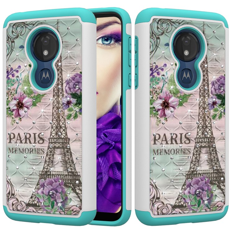Patterned Rhinestone Decor PC TPU Protection Case for Motorola Moto G7 Power (US Version) - Eiffel Tower and Flower-1