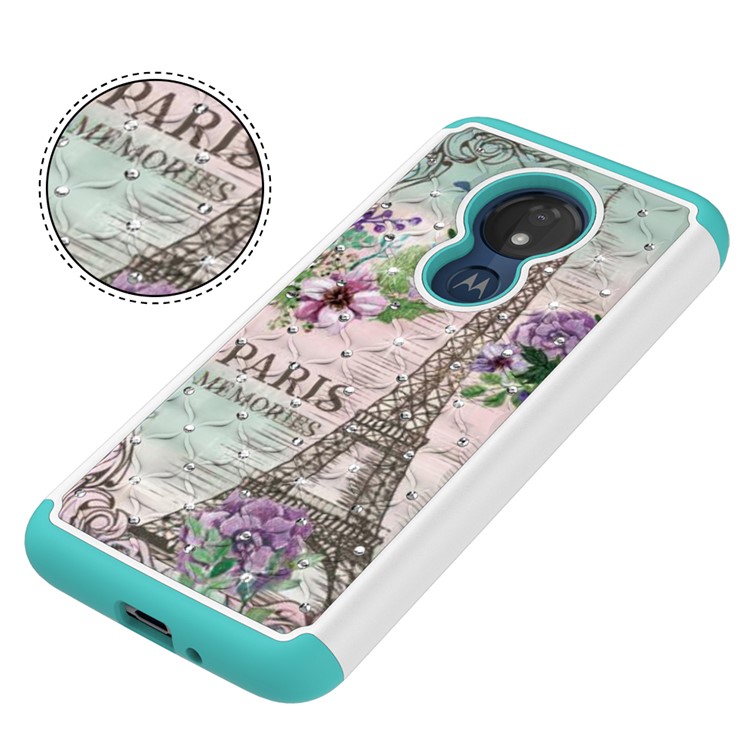 Patterned Rhinestone Decor PC TPU Protection Case for Motorola Moto G7 Power (US Version) - Eiffel Tower and Flower-3