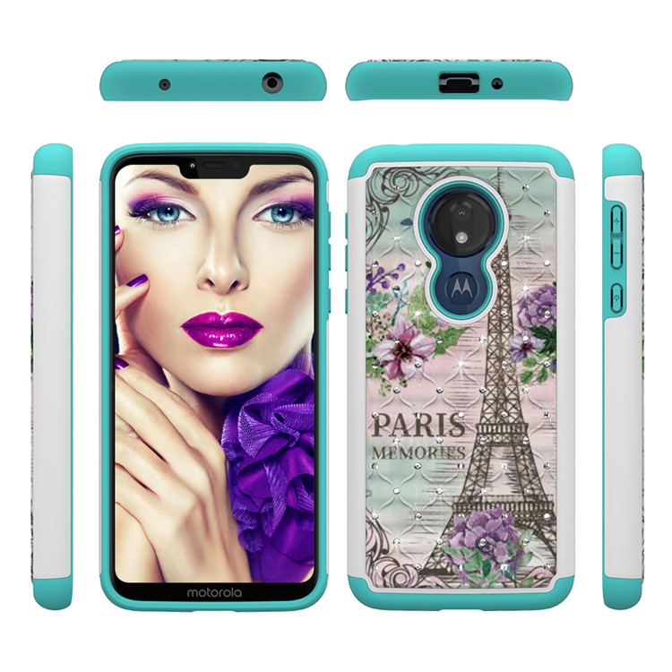 Patterned Rhinestone Decor PC TPU Protection Case for Motorola Moto G7 Power (US Version) - Eiffel Tower and Flower-6