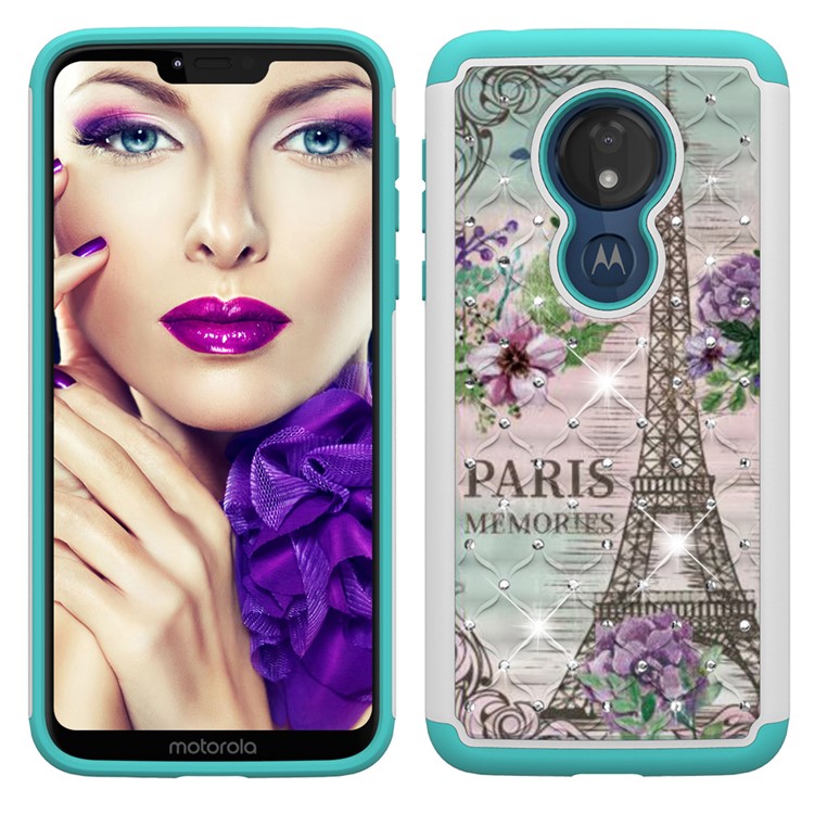 Patterned Rhinestone Decor PC TPU Protection Case for Motorola Moto G7 Power (US Version) - Eiffel Tower and Flower-7