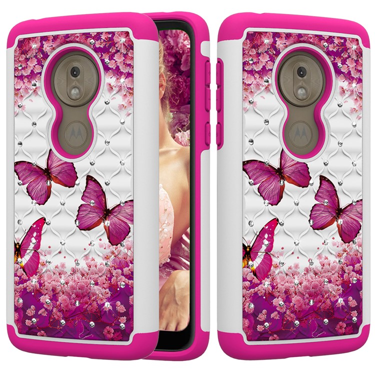 Patterned Rhinestone Decor PC TPU Cell Phone Cover for Motorola Moto G7 Play (US Version) - Pink Butterfly-1