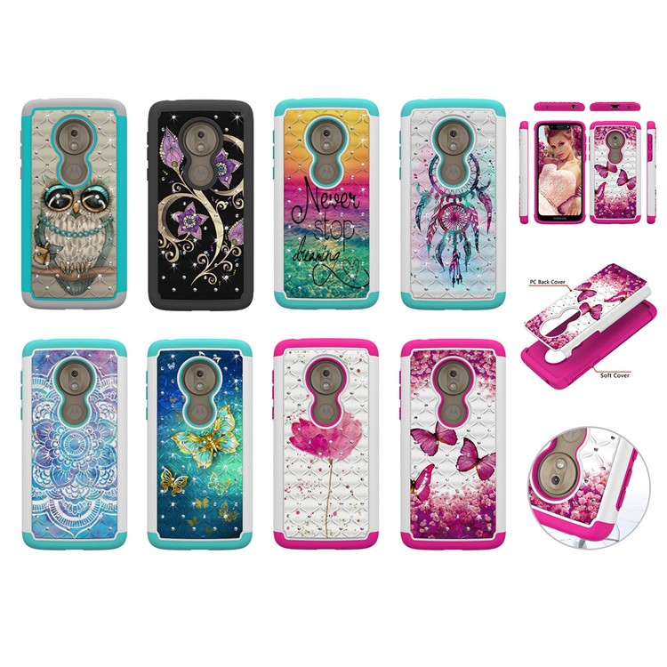 Patterned Rhinestone Decor PC TPU Cell Phone Cover for Motorola Moto G7 Play (US Version) - Pink Butterfly-10