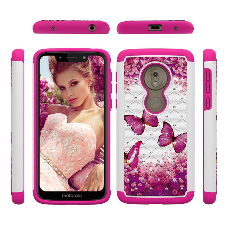 Patterned Rhinestone Decor PC TPU Cell Phone Cover for Motorola Moto G7 Play (US Version) - Pink Butterfly-2