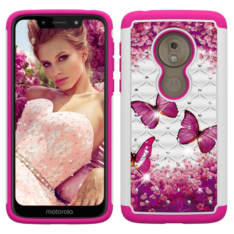 Patterned Rhinestone Decor PC TPU Cell Phone Cover for Motorola Moto G7 Play (US Version) - Pink Butterfly-3