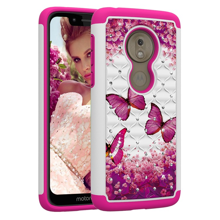 Patterned Rhinestone Decor PC TPU Cell Phone Cover for Motorola Moto G7 Play (US Version) - Pink Butterfly-5
