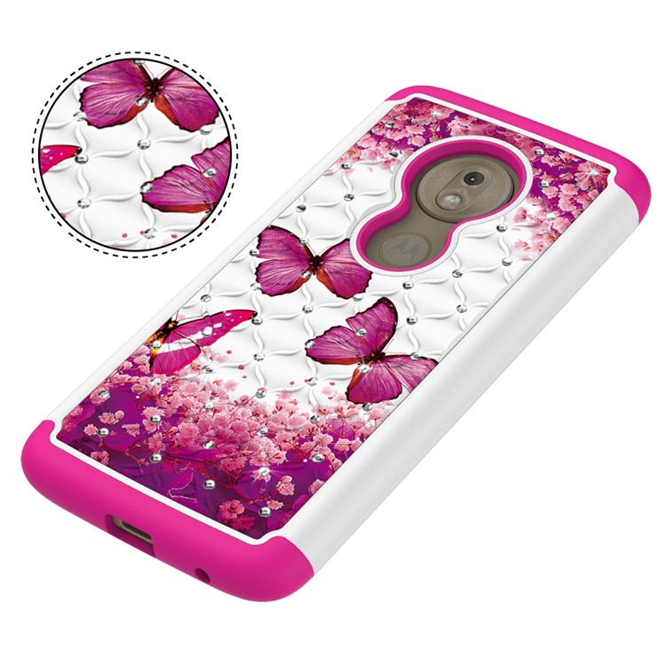 Patterned Rhinestone Decor PC TPU Cell Phone Cover for Motorola Moto G7 Play (US Version) - Pink Butterfly-7