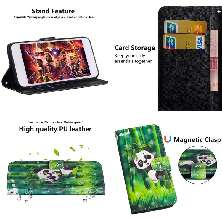 Light Spot Decor Patterned Leather Wallet Stand Case for Motorola Moto G7 - Panda-6