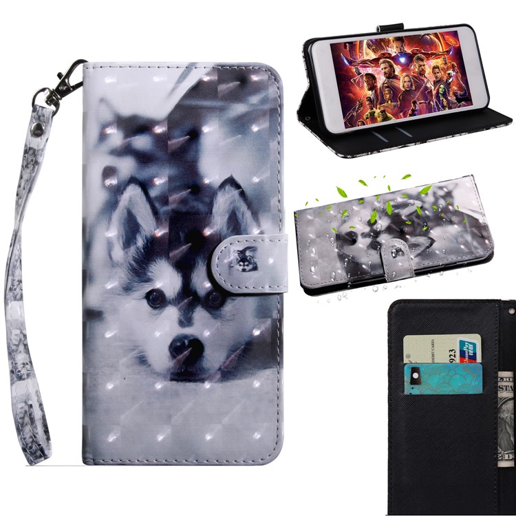 Light Spot Decor Patterned Leather Stand Casing for Motorola Moto G7 Power - Black and White Wolf-1