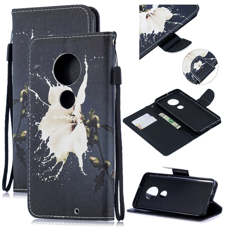 Pattern Printing Leather Wallet Case for Motorola Moto G7 / G7 Plus - White Flower-1