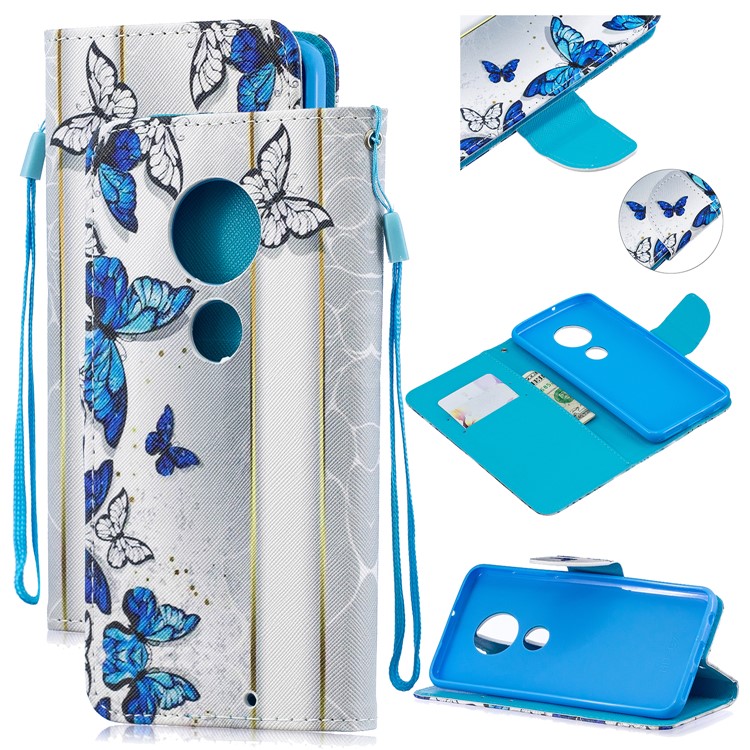 Pattern Printing Leather Wallet Case for Motorola Moto G7 / G7 Plus - Blue and White Butterflies-1