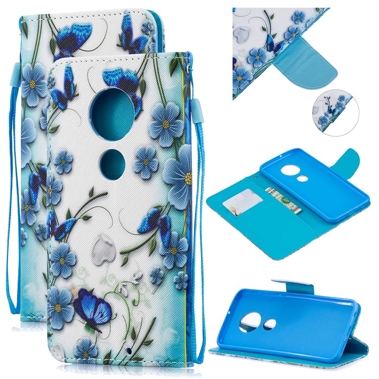 Pattern Printing Leather Wallet Case for Motorola Moto G7 / G7 Plus - Blue Flower and Butterfly-1