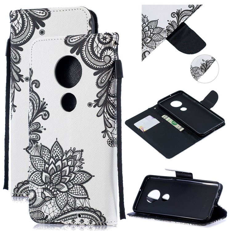 Pattern Printing Leather Wallet Case for Motorola Moto G7 / G7 Plus - Black Flower-1