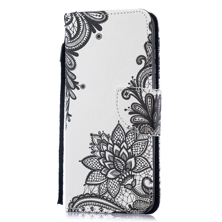 Pattern Printing Leather Wallet Case for Motorola Moto G7 / G7 Plus - Black Flower-2
