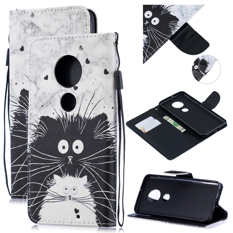 Pattern Printing Leather Wallet Case for Motorola Moto G7 / G7 Plus - Black and White Cat-1
