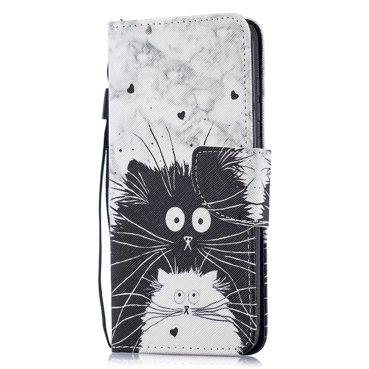 Pattern Printing Leather Wallet Case for Motorola Moto G7 / G7 Plus - Black and White Cat-2