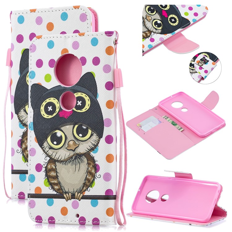 Pattern Printing Leather Wallet Case for Motorola Moto G7 / G7 Plus - Cartoon Owl and Dots-1