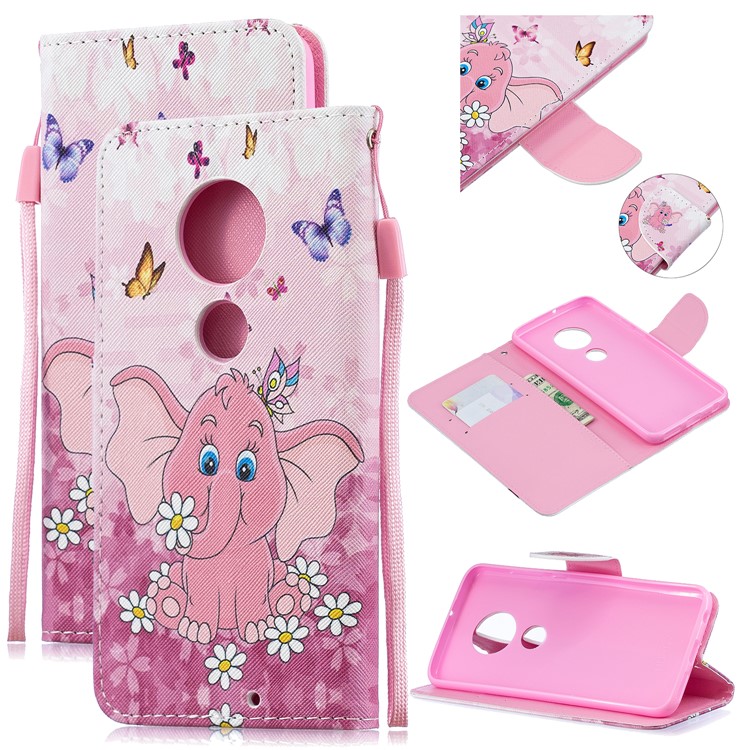 Pattern Printing Leather Wallet Case for Motorola Moto G7 / G7 Plus - Elephant and Flower-1
