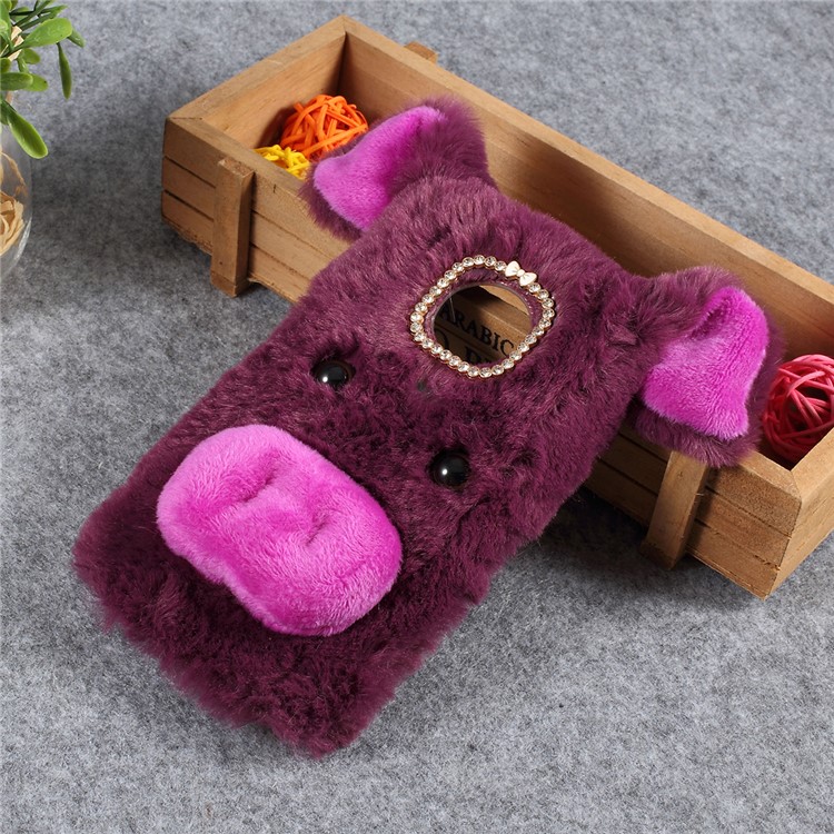 Cute 3D Pig Fluffy Fur Coated Rhinestone TPU Back Case for Motorola Moto G7 Play (EU Version) - Purple-1