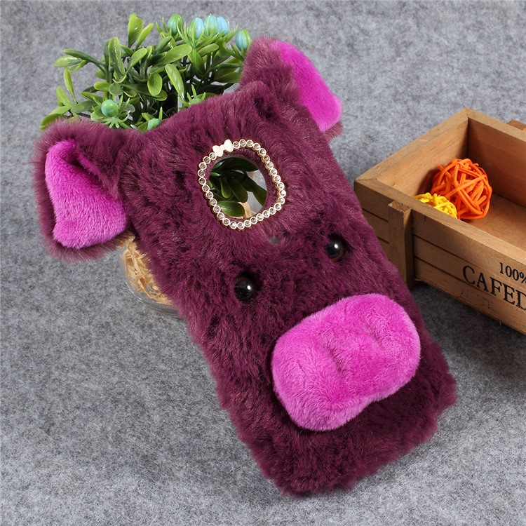 Cute 3D Pig Fluffy Fur Coated Rhinestone TPU Back Case for Motorola Moto G7 Play (EU Version) - Purple-2