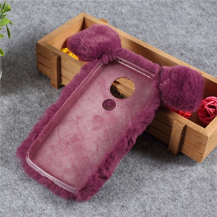 Cute 3D Pig Fluffy Fur Coated Rhinestone TPU Back Case for Motorola Moto G7 Play (EU Version) - Purple-3