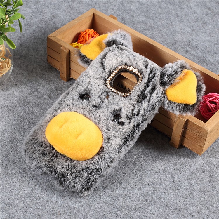 Cute 3D Pig Fluffy Fur Coated Rhinestone TPU Back Case for Motorola Moto G7 Play (EU Version) - Dark Grey-1
