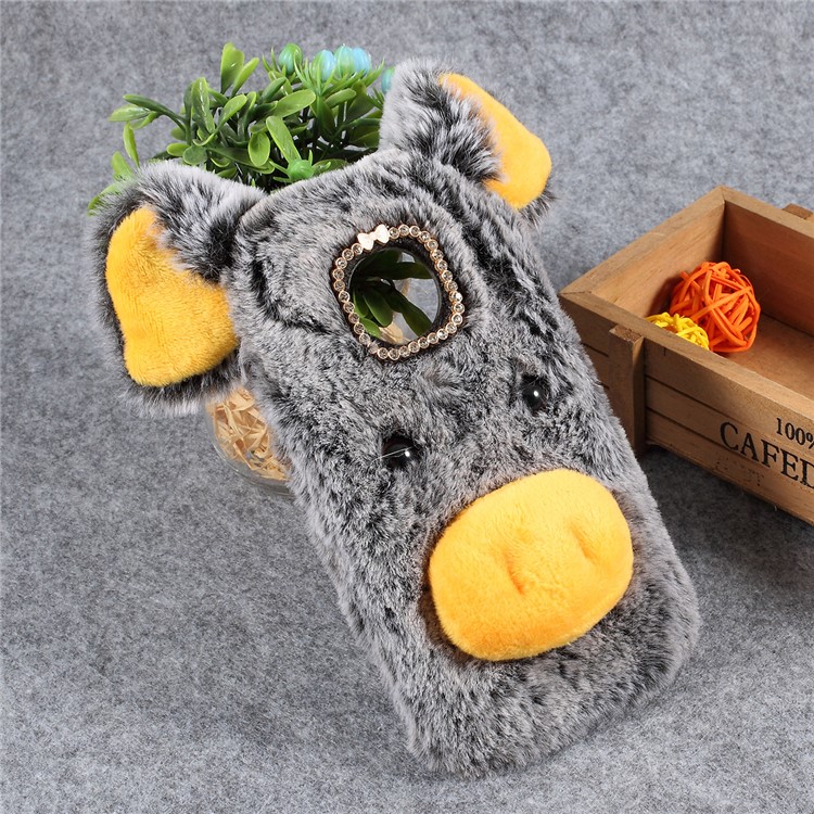 Cute 3D Pig Fluffy Fur Coated Rhinestone TPU Back Case for Motorola Moto G7 Play (EU Version) - Dark Grey-3