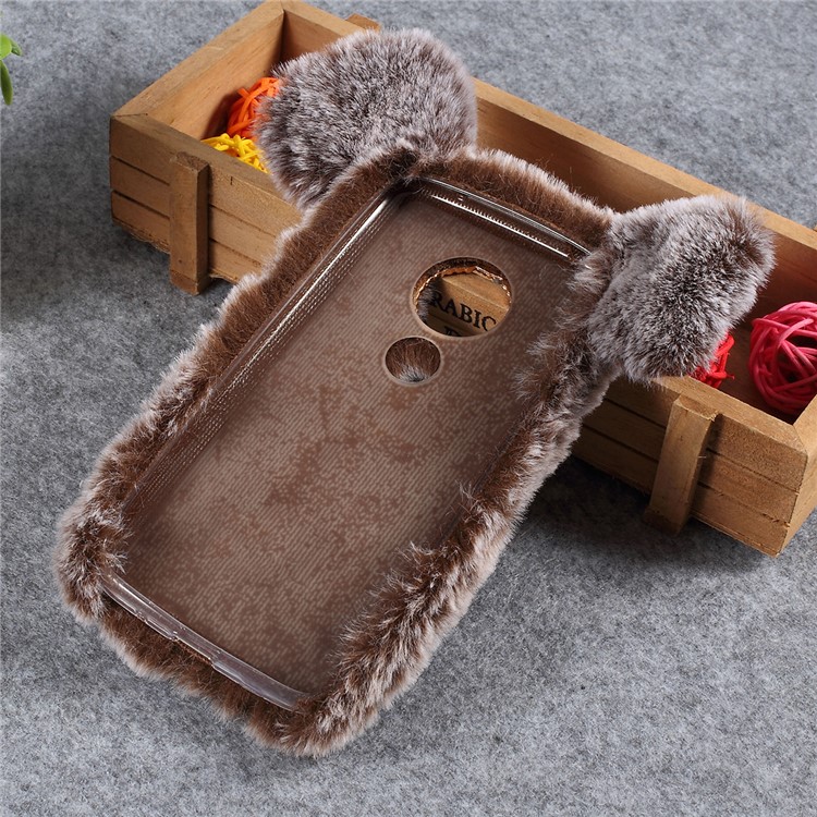 Cute 3D Pig Fluffy Fur Coated Rhinestone TPU Back Case for Motorola Moto G7 Play (EU Version) - Coffee-2