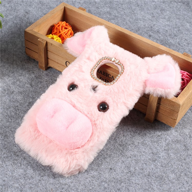 Cute 3D Pig Fluffy Fur Coated Rhinestone TPU Back Case for Motorola Moto G7 Play (EU Version) - Pink-1
