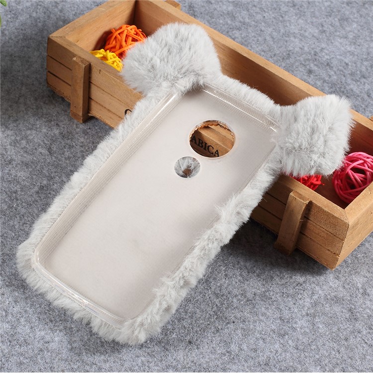 Cute 3D Pig Fluffy Fur Coated Rhinestone TPU Back Case for Motorola Moto G7 Play (EU Version) - Light Grey-3