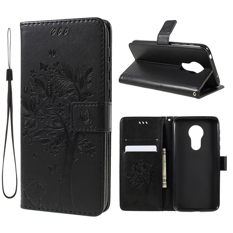 Imprint Cat and Tree Pattern Leather Wallet Case for Motorola Moto G7 Play (EU Version) - Black-1