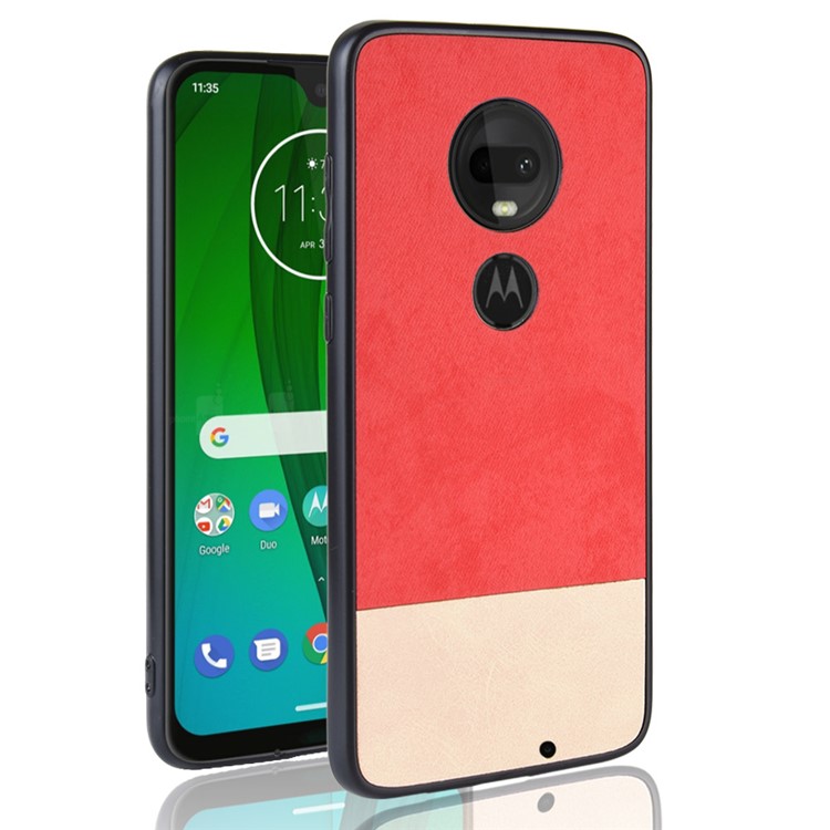 Bi-color Splicing PU Leather Coated PC TPU Hybrid Case Cover for Motorola Moto G7 Play / Moto G7 - Red-1
