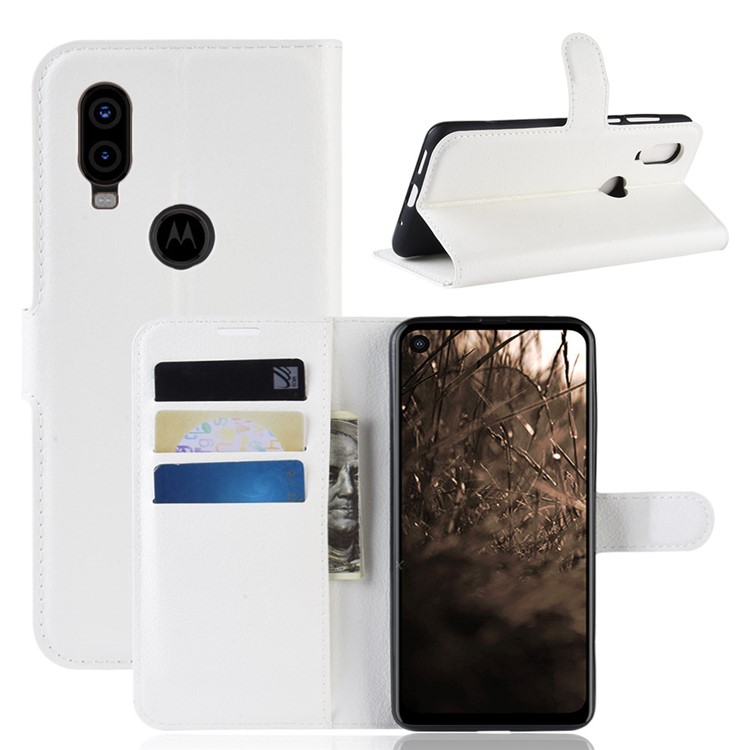 For Motorola One Vision / P50 Litchi Skin PU Leather Wallet Phone Case - White-1