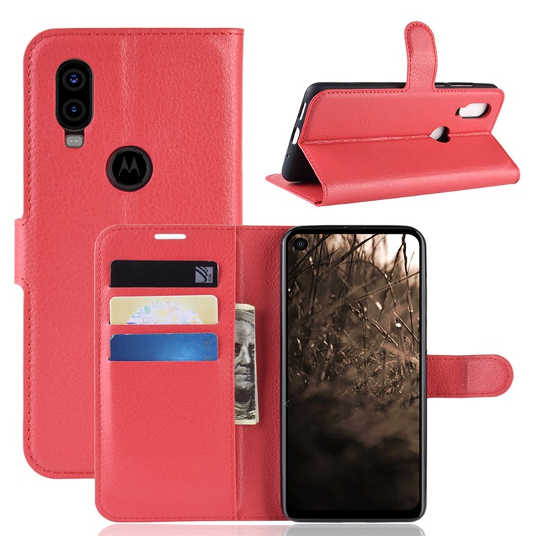 For Motorola One Vision / P50 Litchi Skin PU Leather Wallet Phone Case - Red-1