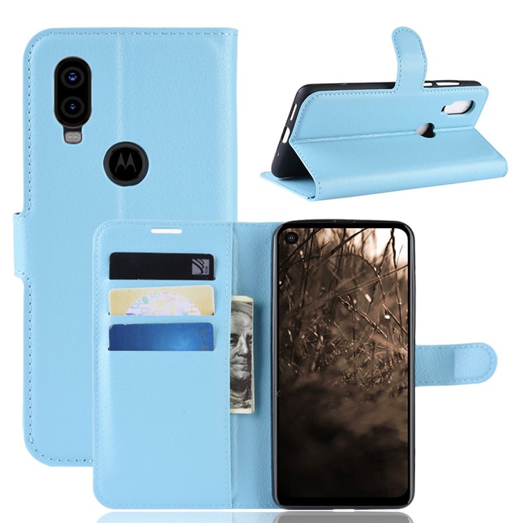 For Motorola P40 Litchi Skin PU Leather Wallet Phone Case - Blue-1