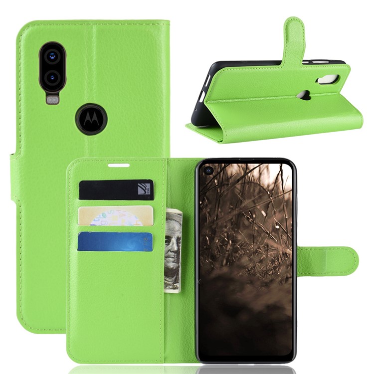 For Motorola P40 Litchi Skin PU Leather Wallet Phone Case - Green-1