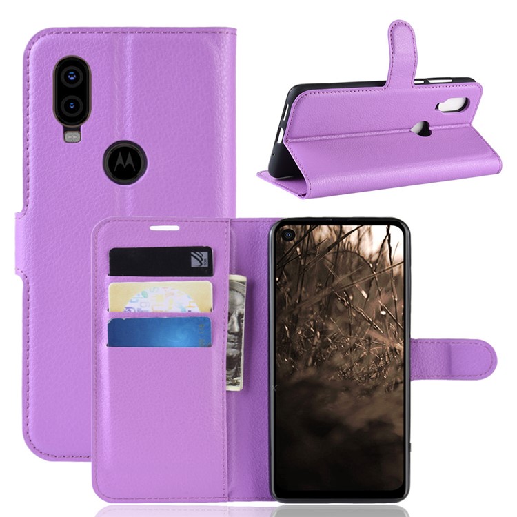 For Motorola One Vision / P50 Litchi Skin PU Leather Wallet Phone Case - Purple-1