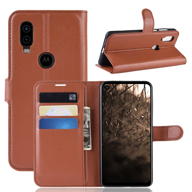 For Motorola One Vision / P50 Litchi Skin PU Leather Wallet Phone Case - Brown-1