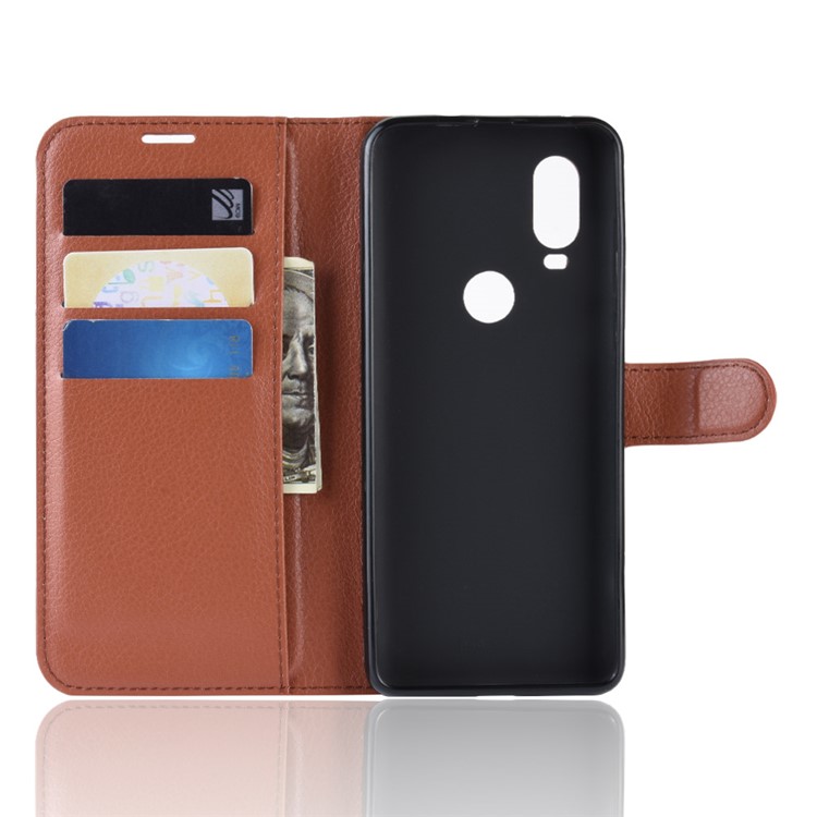 For Motorola One Vision / P50 Litchi Skin PU Leather Wallet Phone Case - Brown-3