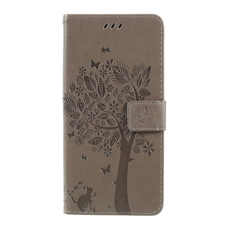 Imprint Cat and Tree Wallet Stand PU Leather Case for Motorola Moto G7 Power (EU Version) - Grey-1