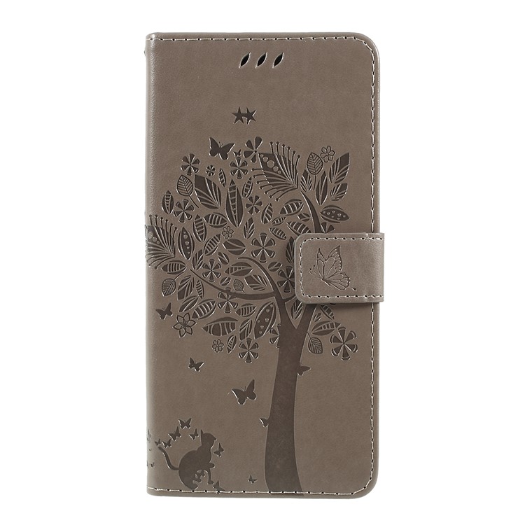 Imprint Cat and Tree Wallet Stand PU Leather Case for Motorola Moto G7 Power (EU Version) - Grey-1