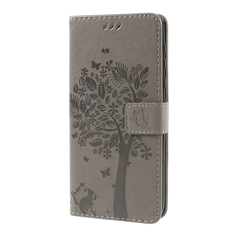 Imprint Cat and Tree Wallet Stand PU Leather Case for Motorola Moto G7 Power (EU Version) - Grey-5