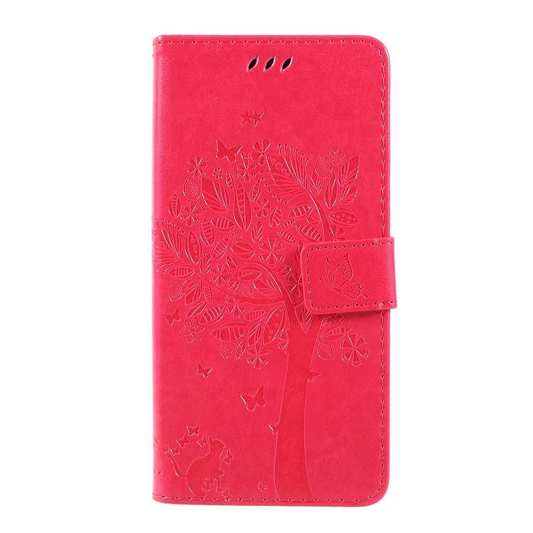 Imprint Cat and Tree Wallet Stand PU Leather Case for Motorola Moto G7 Power (EU Version) - Rose-1