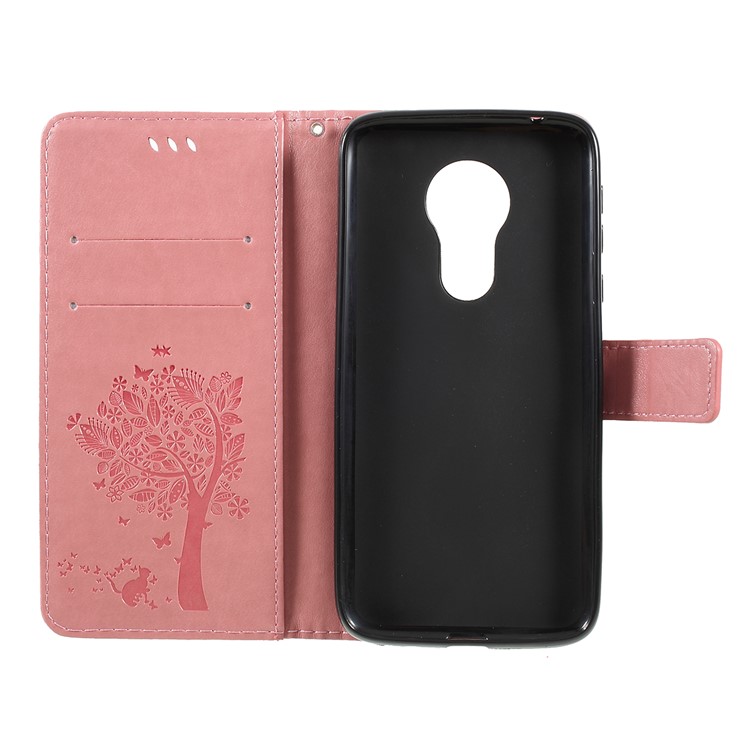 Imprint Cat and Tree Wallet Stand PU Leather Case for Motorola Moto G7 Power (EU Version) - Pink-4