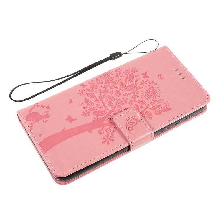 Imprint Cat and Tree Wallet Stand PU Leather Case for Motorola Moto G7 Power (EU Version) - Pink-5