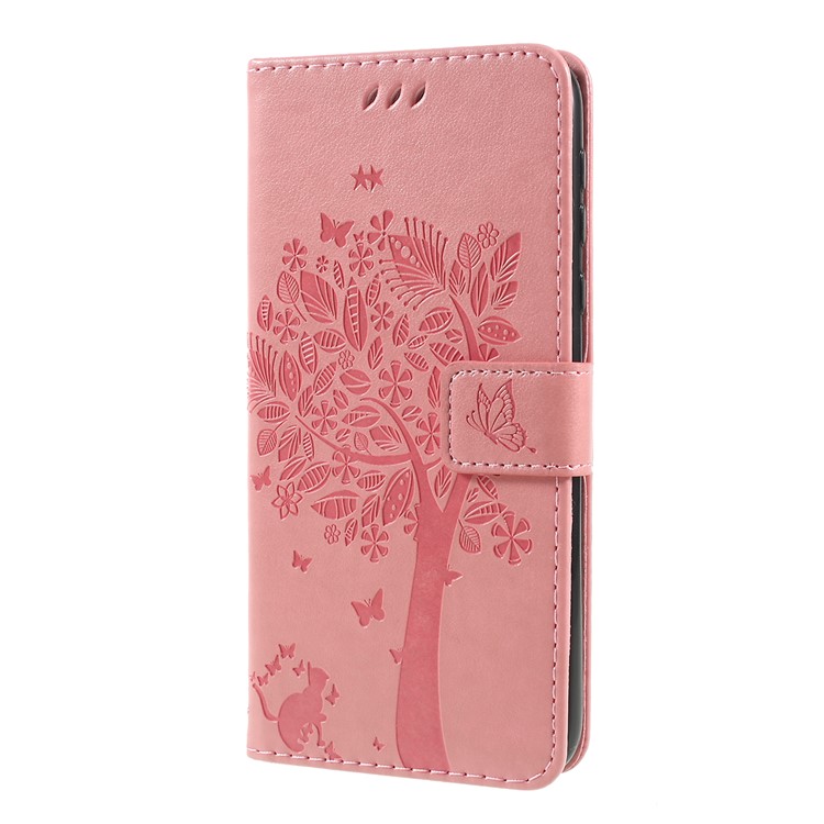 Imprint Cat and Tree Wallet Stand PU Leather Case for Motorola Moto G7 Power (EU Version) - Pink-6