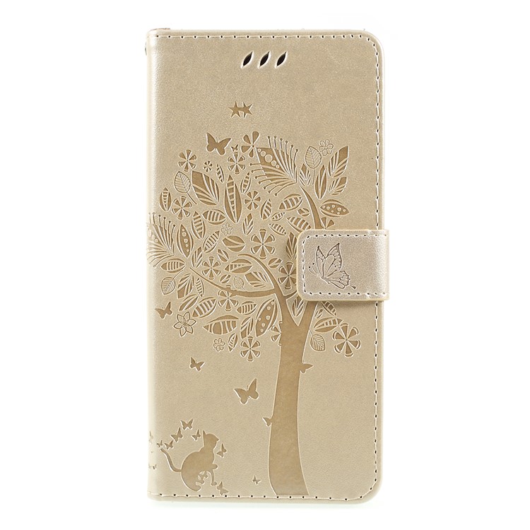 Imprint Cat and Tree Wallet Stand PU Leather Case for Motorola Moto G7 Power (EU Version) - Gold-1